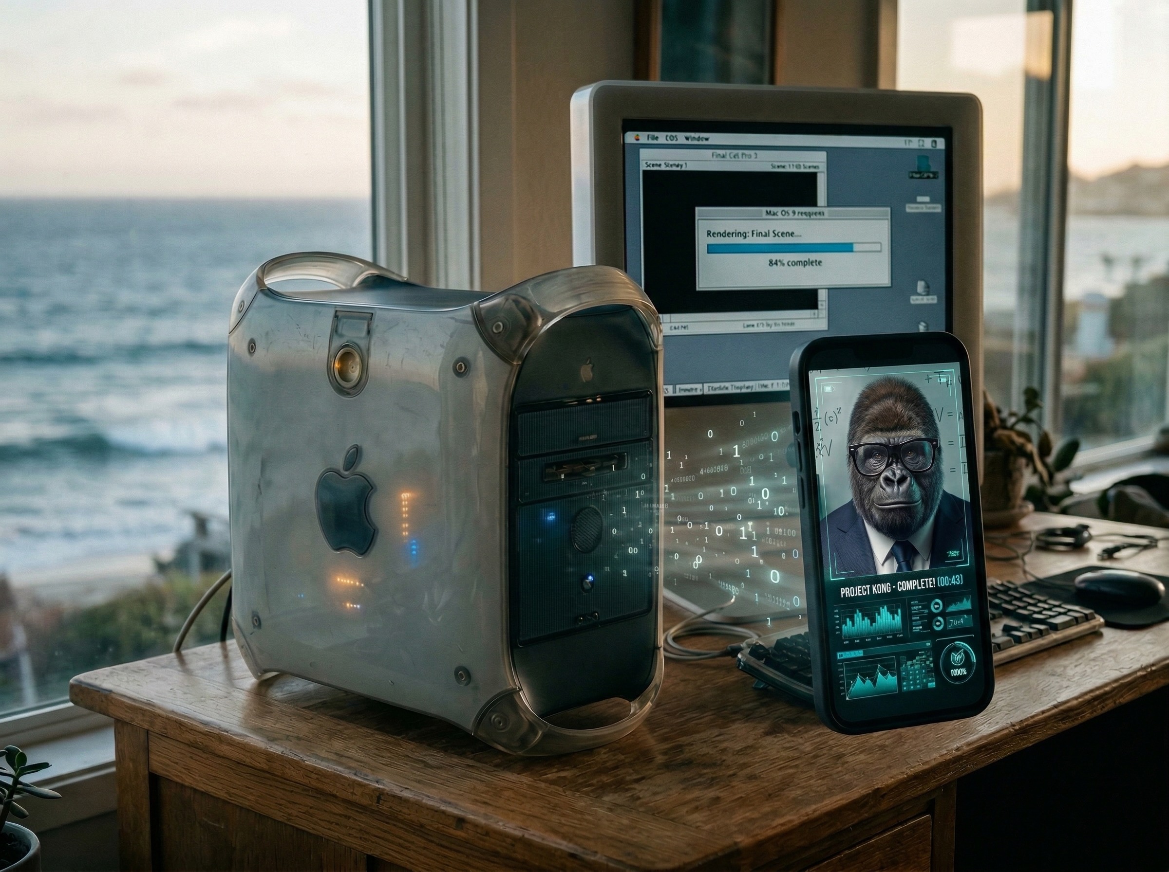 A Power Mac G4 with CRT monitor showing a render progress bar next to a modern smartphone displaying Kong Quant video, connected by floating data particles, ocean visible through window